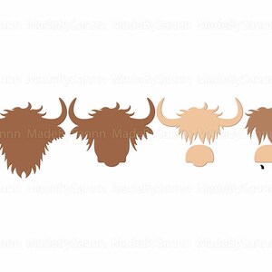 May include: Four different silhouette images of a Highland cow head. The first two are brown, the third is light brown, and the fourth is brown with black eyes.