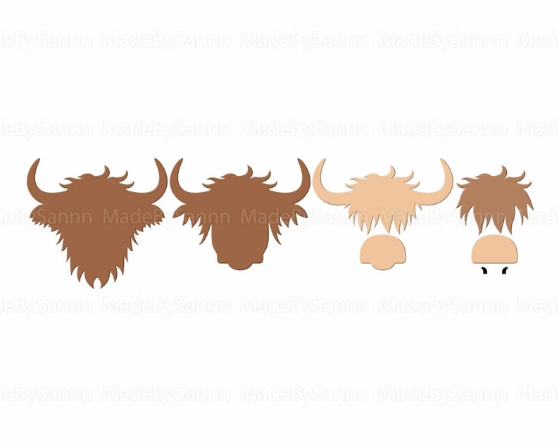 May include: Four different silhouette images of a Highland cow head. The first two are brown, the third is light brown, and the fourth is brown with black eyes.