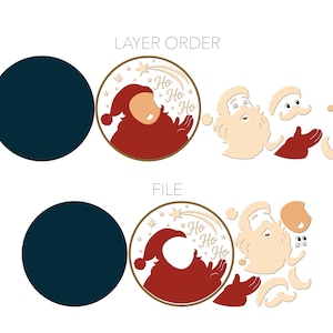 May include: A digital design file showing a layered Santa Claus graphic. The image includes a dark blue circle, a circular emblem with a red Santa silhouette and the text Ho Ho Ho, and separate beige and red components for assembly.