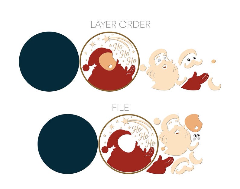 May include: A digital design file showing a layered Santa Claus graphic. The image includes a dark blue circle, a circular emblem with a red Santa silhouette and the text Ho Ho Ho, and separate beige and red components for assembly.