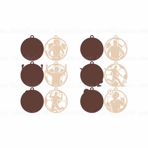 May include: A collection of brown and tan soccer-themed ornaments. Each ornament features a circular design with a soccer player silhouette inside a soccer ball. The ornaments are designed for hanging.
