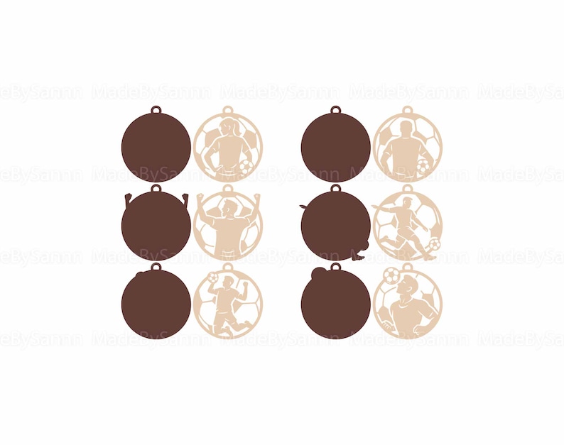 May include: A collection of brown and tan soccer-themed ornaments. Each ornament features a circular design with a soccer player silhouette inside a soccer ball. The ornaments are designed for hanging.