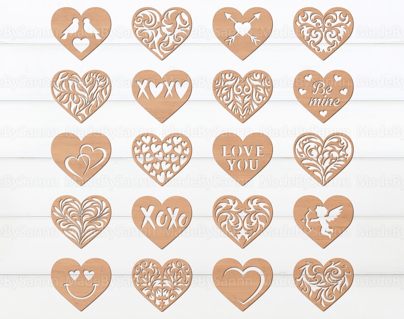 Wooden Hearts Bundle Svg, Heart Cutting Templates, Vector Hearts Svg, Valentines Decor, Valentines Laser cut, Pattern Hearts, Glowforge Svg image 1