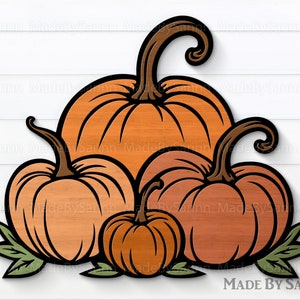May include: A group of three pumpkins with brown stems and leaves. The pumpkins are arranged in a pyramid shape, with the largest pumpkin at the bottom and the smallest pumpkin at the top. The pumpkins are all different shades of orange and brown.