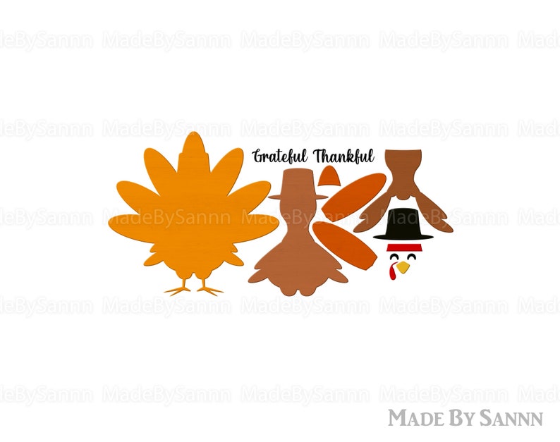 May include: A digital graphic featuring a large orange turkey silhouette, a brown turkey body shape, two orange oval shapes, a brown turkey tail, a black hat with a red band, and a turkey face with a yellow beak. The text Grateful Thankful is included.