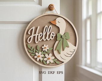 Hello Goose Floral Door Hanger svg, Goose Round Sign svg, Flowers Door Hanger, Glowforge xTool File, Farmhouse Decor, Summer Door sign svg