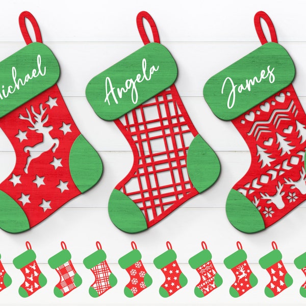 Medias Adornos, Personalizado 10 Adornos Svg, Calcetines de Navidad Svg, Glowforge Svg, Archivo para CriCut Silhouette, Corte láser, dxf