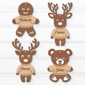 Niedliche Weihnachts-Namensornamente SVG, Rentier-Ornamente SVG, süße Charaktere im Pullover SVG, Glowforge SVG, Laser Cut, Weihnachtsdekoration SVG