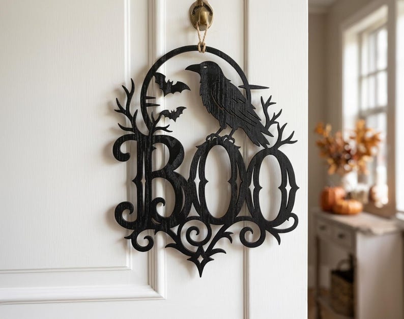 Puede incluir: Un adorno de pared de madera negra cortado con l&aacute;ser que presenta la palabra BOO en una fuente decorativa. El dise&ntilde;o incluye un cuervo posado sobre las letras, dos peque&ntilde;os murci&eacute;lagos volando y un marco circular con ramas de &aacute;rbol.