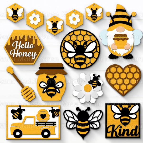 Honey Bee Tier Tray SVG, Honey Bee SVG Bundle, Glowforge SVG, Fichier découpé au laser, Bee SVG, Honeycomb SVG, Décor de plateau à plusieurs niveaux, Panneau de bienvenue SVG