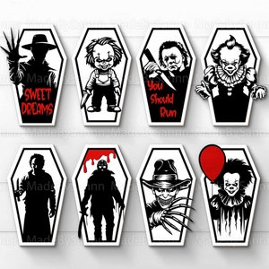 May include: Eight black and white coffin-shaped Halloween cutouts with various horror movie characters and text. The text includes "Sweet Dreams", "You Should Run", and a bloody drip.