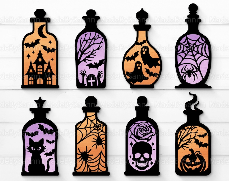 May include: Eight black silhouette potion bottles with different Halloween themes. The bottles are on a white wood background. The themes include a haunted house, a spider web, a ghost, a skull, a cat, a pumpkin, a spider, and a rose.