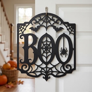 Paquete de archivos SVG para colgar en la puerta con la palabra "Boo" de Halloween, decoración espeluznante de Halloween, archivo de corte láser CNC Glowforge xTool, telaraña SVG, cuervo SVG, sombrero de bruja SVG imagen 3