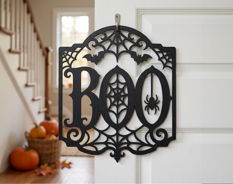 Paquete de archivos SVG para colgar en la puerta con la palabra "Boo" de Halloween, decoración espeluznante de Halloween, archivo de corte láser CNC Glowforge xTool, telaraña SVG, cuervo SVG, sombrero de bruja SVG imagen 3