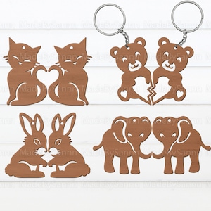 Valentinstag-Schlüsselanhänger-Bundle, Paar-Schlüsselanhänger-Svg, Valentines Glowforge, Valentinstag-Laserschnitt, Holz-Schlüsselanhänger-Svg, süße Tiere-Svg