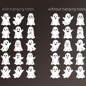 May include: A collection of white ghost shapes arranged in two groups, labeled with hanging holes and without hanging holes. Each group contains fifteen distinct ghost figures with various facial expressions and arm positions on a dark background.