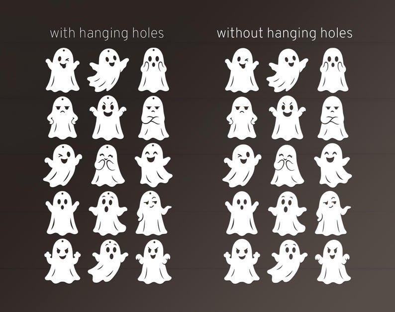 May include: A collection of white ghost shapes arranged in two groups, labeled with hanging holes and without hanging holes. Each group contains fifteen distinct ghost figures with various facial expressions and arm positions on a dark background.