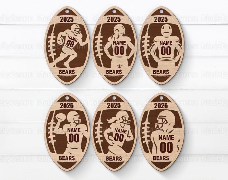 May include: Wooden football-shaped ornaments with football player silhouettes. Each ornament features the year "2025", a space for a name and the number "00", and the word "BEARS". The ornaments are light brown with dark brown etched details.