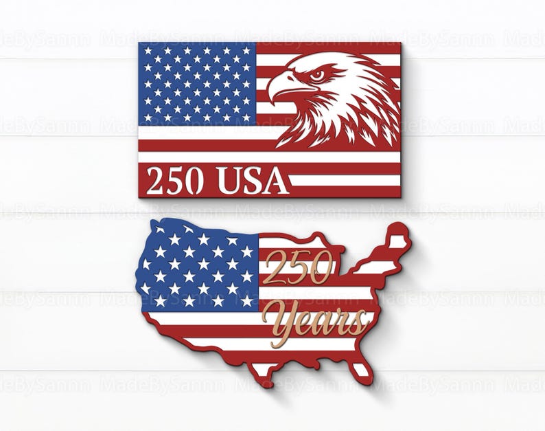 May include: Two patriotic wooden cutouts. The top one is a rectangular flag design with an eagle head. The bottom one is a map of the USA. Both feature the colors of the American flag and the text "250 USA" and "250 Years".