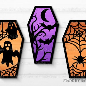 Halloween Coffin Svg, Ghost Coffin Svg, Halloween Bat Coffin, Spiders Web Coffin Svg, Halloween Decor, Glowforge Svg, Files for Cricut