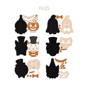 May include: A digital file set featuring six Halloween-themed character designs. Each character includes a solid black silhouette base and separate layered components in orange and cream, depicting a pumpkin, ghost, cat, skull, and two figures.