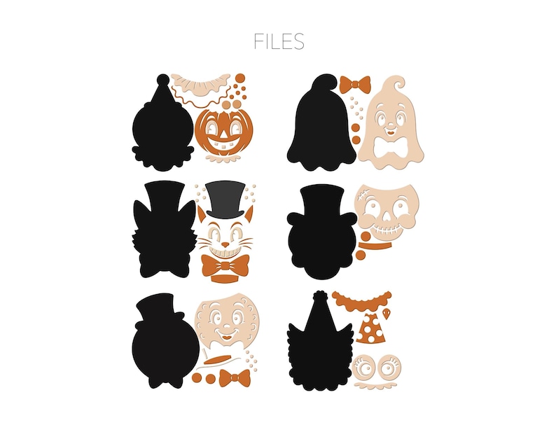 May include: A digital file set featuring six Halloween-themed character designs. Each character includes a solid black silhouette base and separate layered components in orange and cream, depicting a pumpkin, ghost, cat, skull, and two figures.