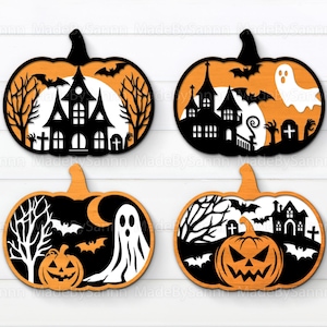 Zucche in piedi di Halloween SVG, File di taglio laser 3D, Zucche spaventose in formato Svg, Decorazioni di Halloween in formato Svg, Zucca a strati in formato Svg, Casa spettrale in formato Svg