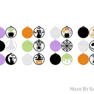 Puede incluir: Conjunto de 18 adornos imprimibles con tem&aacute;tica de Halloween. Los adornos presentan varios dise&ntilde;os, incluyendo un caldero, un fantasma, una telara&ntilde;a, una calabaza, un gato y un ma&iacute;z dulce. Los adornos son de color negro, blanco, naranja, verde y morado.
