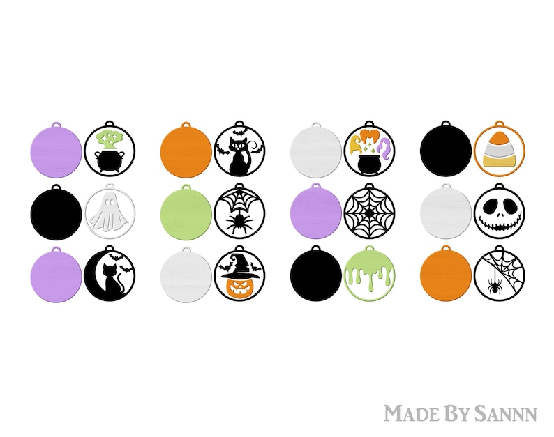 Puede incluir: Conjunto de 18 adornos imprimibles con tem&aacute;tica de Halloween. Los adornos presentan varios dise&ntilde;os, incluyendo un caldero, un fantasma, una telara&ntilde;a, una calabaza, un gato y un ma&iacute;z dulce. Los adornos son de color negro, blanco, naranja, verde y morado.
