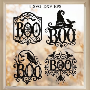 May include: Four black decorative cutouts featuring the word BOO with Halloween motifs including a spider web, a witch hat, a raven, and bats. The text 4 SVG DXF EPS is displayed at the top. These designs are presented as digital files for cutting.