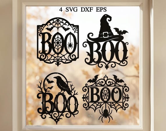 Halloween Boo Door Hanger SVG Bundle, Spooky Halloween Decor, Glowforge xTool CNC Laser Cut File, Spider Web Svg, Crow Svg, Witch Hat Svg