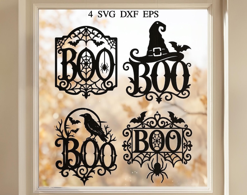 Puede incluir: Cuatro recortes decorativos negros con la palabra BOO y motivos de Halloween que incluyen telara&ntilde;a, sombrero de bruja, cuervo y murci&eacute;lagos. El texto 4 SVG DXF EPS aparece en la parte superior. Dise&ntilde;os presentados como archivos digitales.