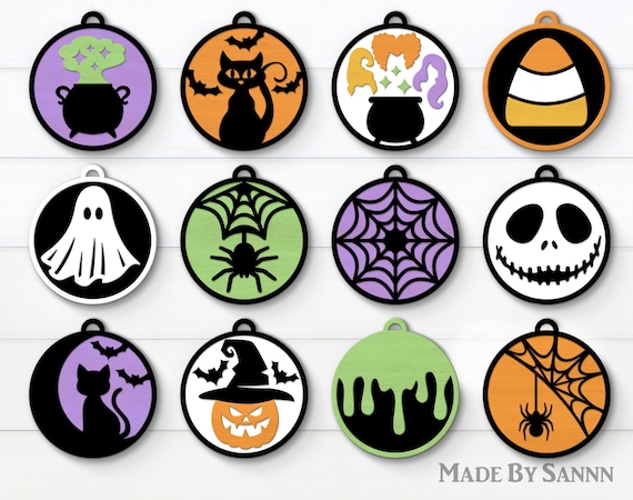 Halloween Ornaments Svg Bundle, Halloween Round Sign Svg, Halloween Designs Svg, Cat Svg, Pumpkin Svg, Coffin Svg, Ghost Svg, Glowforge File