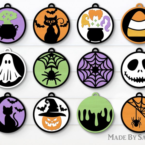 Halloween Ornaments Svg Bundle, Halloween Round Sign Svg, Halloween Designs Svg, Cat Svg, Pumpkin Svg, Coffin Svg, Ghost Svg, Glowforge File