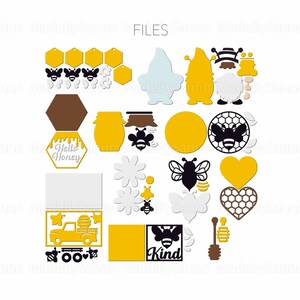 May include: A set of digital cut files featuring a bee theme. The files include a beehive, a bee, a jar of honey, a truck with a beehive, a heart, a flower, a gnome, and a sign that says "Hello Honey".