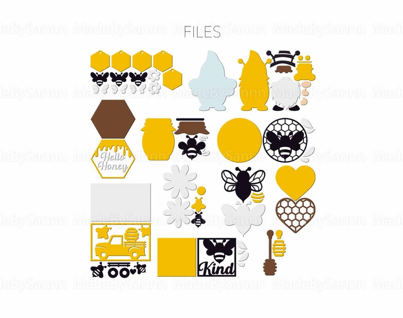 May include: A set of digital cut files featuring a bee theme. The files include a beehive, a bee, a jar of honey, a truck with a beehive, a heart, a flower, a gnome, and a sign that says "Hello Honey".