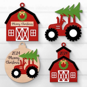 Boerderij Kerst Ornament Svg, Kerst Decor, Glowforge Svg, Bouw Kerst Ornament, Kleine Stad Schuur Ornament, Kerst Tractor