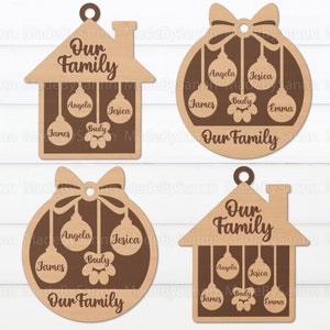 Paquete SVG de adornos familiares, signos de Navidad para mascotas SVG, adornos de Navidad para perros Svg, gato de Navidad SVG, casa de Navidad, archivo láser, Glowforge