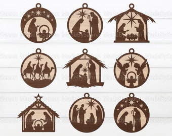 May include: Nine different Christmas ornament designs featuring the Nativity scene. The ornaments are made of wood and are laser cut. The designs include the three wise men, angels, and the manger scene.