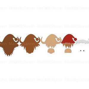 May include: A set of five Christmas gnome silhouettes, with three gnomes wearing brown, tan, and red hats, and two gnomes with white hats and black eyes. The gnomes are all facing forward.