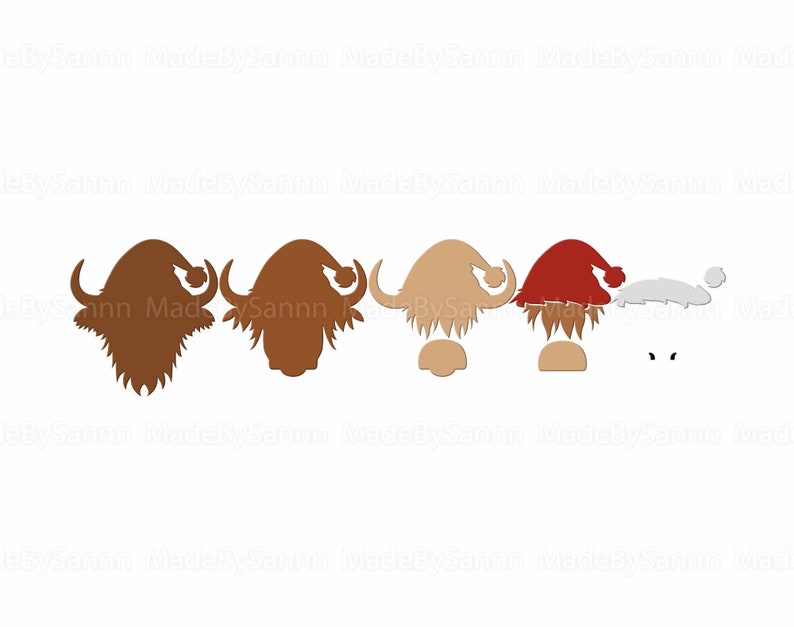 May include: A set of five Christmas gnome silhouettes, with three gnomes wearing brown, tan, and red hats, and two gnomes with white hats and black eyes. The gnomes are all facing forward.