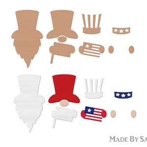 May include: Two sets of craft cutouts for creating patriotic gnomes. Each set includes a gnome hat, beard, body, and a variety of red, white, and blue stars and stripes accents. The gnome hats are available in brown and red.