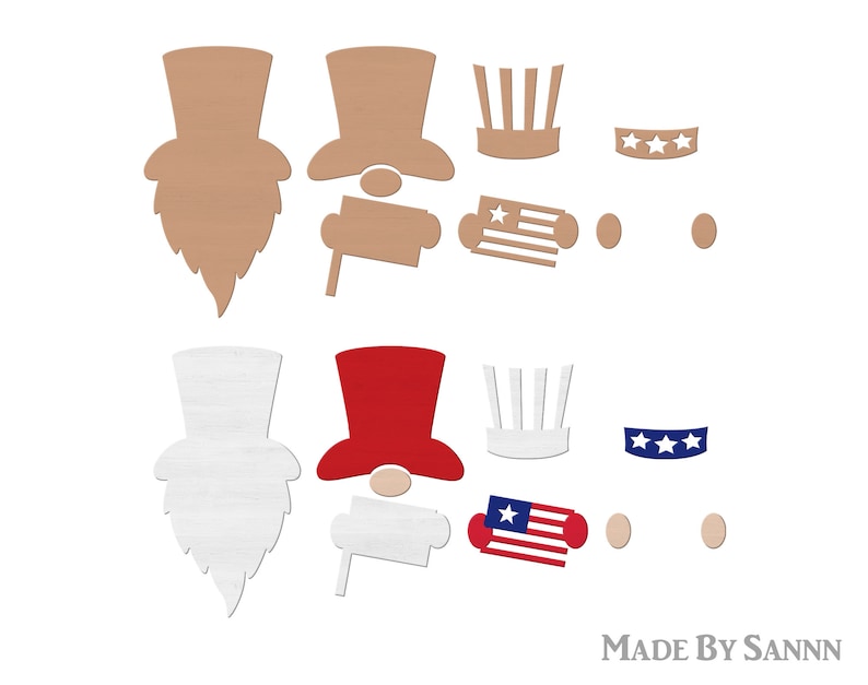 May include: Two sets of craft cutouts for creating patriotic gnomes. Each set includes a gnome hat, beard, body, and a variety of red, white, and blue stars and stripes accents. The gnome hats are available in brown and red.