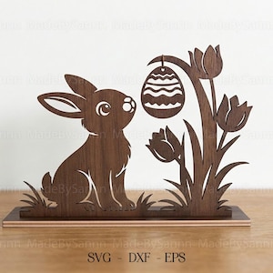 Stående påskhare SVG, bordsskiva hare prydnadshållare Svg, påskdekor Svg, påskäggsställ Glowforge-fil, laserskuren Svg, påsk Svg