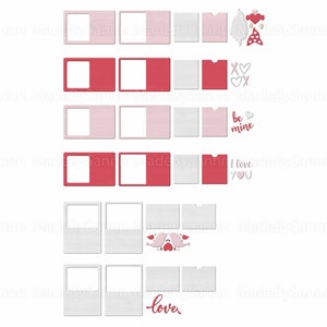 May include: A set of six printable Valentine's Day cards with different designs. The cards feature a variety of romantic phrases, including "be mine", "I love you", and "love".