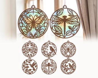 Nature Suncatcher SVG Bundle, Laser Cut Wood Ornaments, Window Decor, Dragonfly, Butterfly Suncatchers, Xtool Glowforge Files, Light Catcher