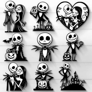 Op de afbeelding: Zwart-witte digitale clipart-afbeeldingen van Jack Skellington en Sally uit de film The Nightmare Before Christmas. De afbeeldingen tonen de personages in verschillende poses, waaronder het vasthouden van pompoenen en harten.