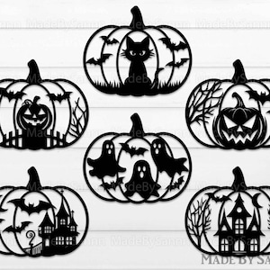 May include: Six black and white Halloween pumpkin cutouts with different designs. The designs include a cat, a ghost, a haunted house, and a jack-o-lantern.