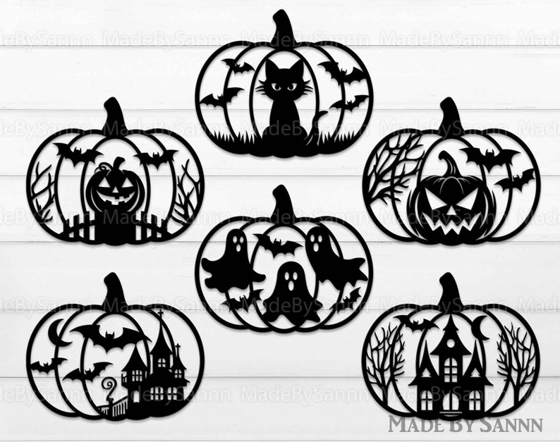 May include: Six black and white Halloween pumpkin cutouts with different designs. The designs include a cat, a ghost, a haunted house, and a jack-o-lantern.