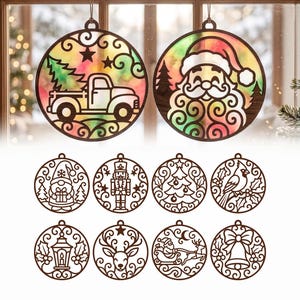 May include: A collection of ten circular Christmas ornaments featuring intricate laser-cut wooden frames. Two ornaments display colourful stained-glass style inserts, one with a truck carrying a tree and one with Santa Claus. Eight ornaments are solid brown wood.